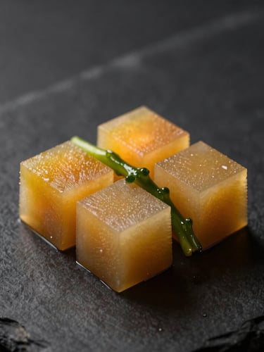 Extreme close-up of a meticulously plated culinary dish, dark slate background, warm amber spotlight highlighting texture and clean geometry