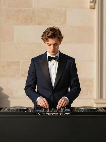 A young, sharply dressed DJ in a tuxedo behind a minimalist matte black DJ booth, warm golden-hour indoor lighting, elegant historic stone wall background, soft focus, editorial style