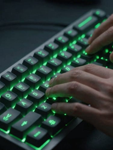 dark editorial technology photography, close-up of hands typing code on a mechanical keyboard, glowing neon green indicator lights, moody studio environment