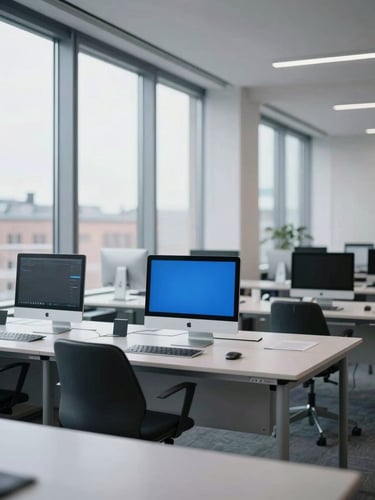 A minimalist Helsinki workspace with large windows, cool natural daylight, clean digital screens in the background, 35mm