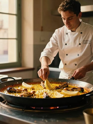 Warm editorial photography of a professional chef guiding hands-on paella preparation in a sunlit historic Barcelona kitchen, golden-hour window light, rich Mediterranean tones, shallow depth of field, 35mm film feel.