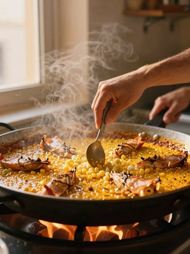 Hands stirring a bubbling paella over an open flame in a sunlit Gràcia kitchen, warm golden hour light, 35mm film feel