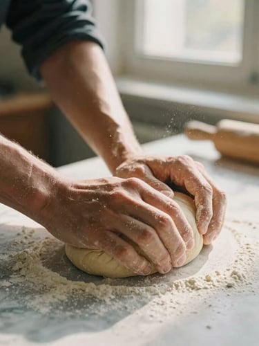 Close-up of hands kneading artisanal dough on a marble counter, flour dusting the air, soft morning window light, 35mm film feel