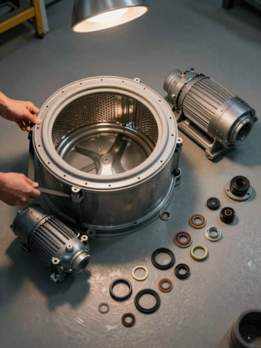 Overhead wide angle of a disassembled washing machine drum and motor laid out on a workshop floor, replacement parts and seals arranged in order beside them, tungsten workshop light from above casting warm shadows across the metal components, no people visible — only hands entering frame from the left adjusting a belt