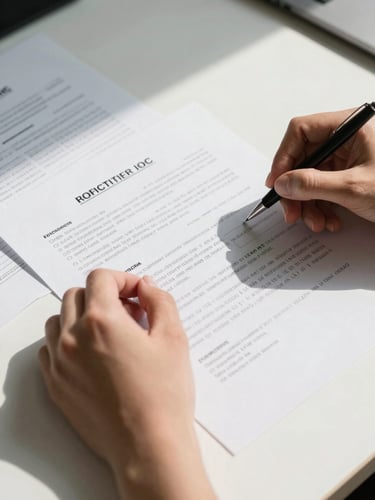 Close-up overhead of hands reviewing a printed financial contract on a clean desk, a pen resting beside annotated columns of figures, north-facing office daylight casting even shadows, financial documents spread to the left edge of the frame