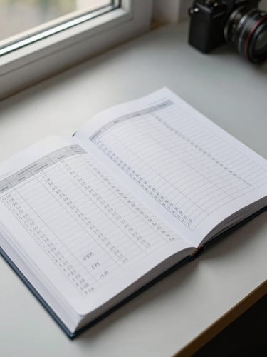 Wide overhead shot of an open financial spreadsheet and handwritten calculation notebook on a pale grey work surface, natural office light from north-facing window, no hands, no people