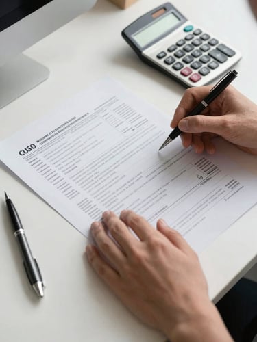 Close-up overhead of hands reviewing a printed tax document on a white desk, a calculator and pen beside it, north-facing office daylight casting soft even shadows, no faces visible