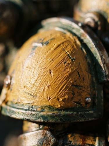 Extreme macro close-up of a hand-painted 3D printed figure armor plate, showing rich ocher acrylic brush stroke textures under warm side daylight, 35mm film style