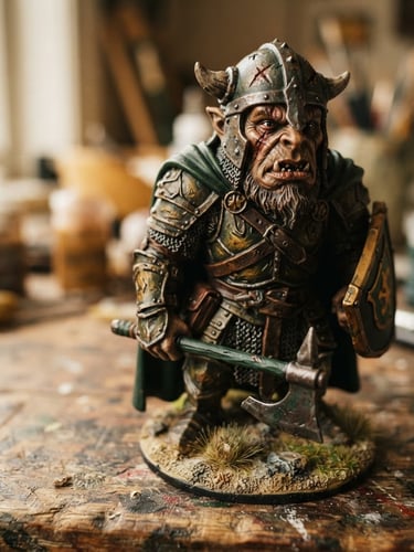 Extreme macro close-up of a hand-painted collectible figure on a wooden workshop table, soft side daylight, ocher and dark green tones, 35mm film photography