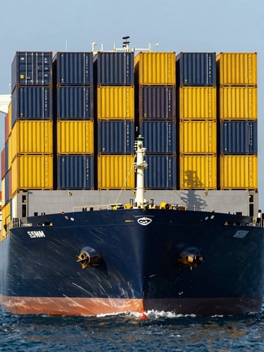 Sharp vertical portrait of a heavy-duty container ship stacked with black and yellow cargo containers, crisp morning sun casting sharp shadows, deep blue ocean water, commercial editorial, 35mm.