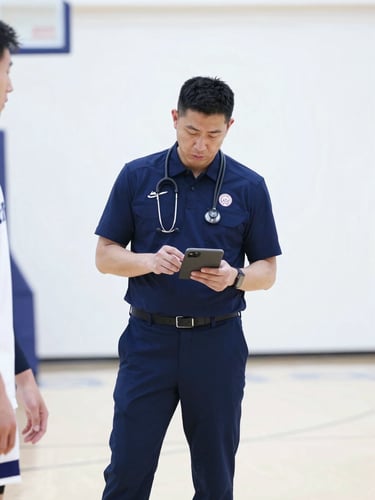 Certified athletic trainer in a navy uniform, wearing a stethoscope, observing an athlete on a basketball court, crisp indoor lighting, medium shot, professional and focused.