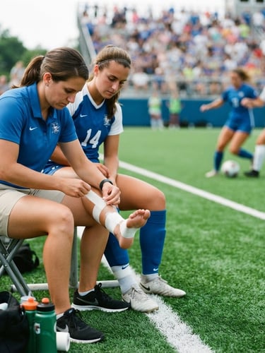 Certified athletic trainer actively taping an athlete's ankle on a bright green field during a game, focus on hands and athletic tape, crisp natural daylight, wide shot with action in right third, spectator blur in background.