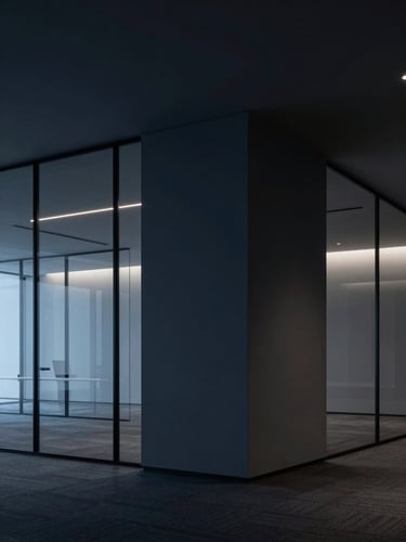 Subtle architectural detail of a modern executive office interior with clean glass partitions, low-key focused lighting, deep slate and navy tones.