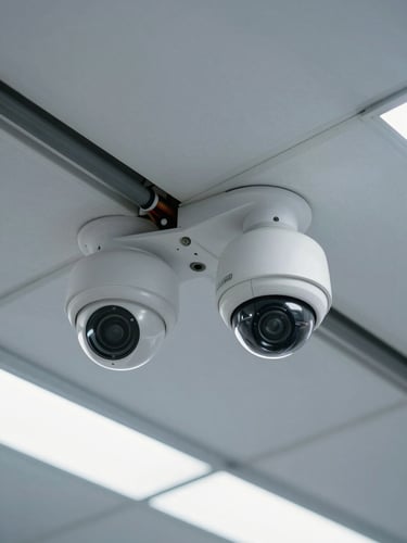 Angled overhead shot of a ceiling corner in a commercial building, two CCTV dome cameras mounted on white ceiling tiles, wiring conduit running to a junction box, cool daylight from recessed lighting, no people, technical and precise framing
