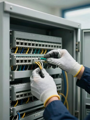 Close-up angled shot of a technician's gloved hands connecting labeled cable terminals inside an open control panel, cool daylight from a high window, tight framing showing terminal block rows and wire routing channels, no faces visible