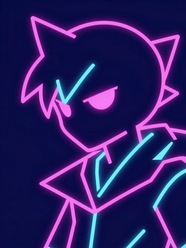 Close-up of a vibrant 2D vector character animation, luminous neon pink and cyan strokes on a deep midnight blue canvas, sharp geometric lines, high-contrast digital art