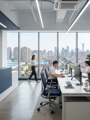 A clean, modern corporate office interior in Yiwu, with large windows overlooking the city, bright even studio lighting, cool white and navy tones, sharp focus, 50mm.