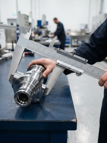 Industrial scale caliper measuring a chrome component on a clean factory floor, bright even studio lighting, sharp focus