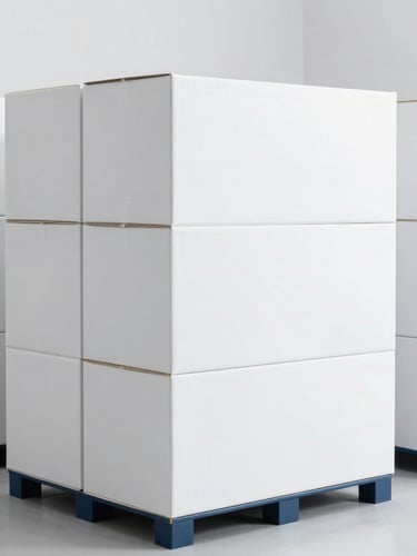 A bright, clean warehouse facility with neatly stacked cargo boxes ready for export, cool white and navy tones, straight-on framing, 50mm.