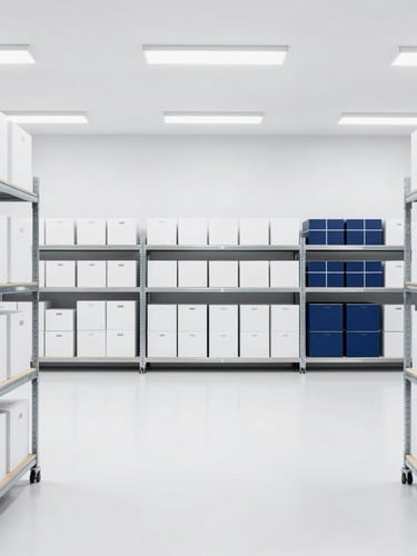 Wide-angle clean modern warehouse interior, organized metal racks with consolidated cargo boxes, bright cool studio lighting