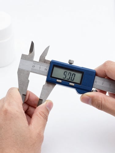 Close-up of a quality control inspector using digital calipers on a consumer product, bright even studio lighting, cool white tones, sharp focus