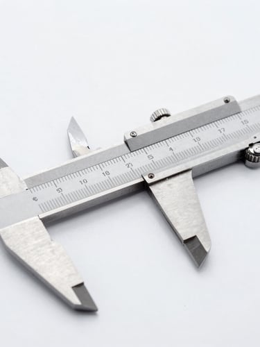 Close-up of metal calipers measuring the thickness of a stainless steel kitchen knife, bright even studio lighting, cool white tones, sharp focus, 50mm.