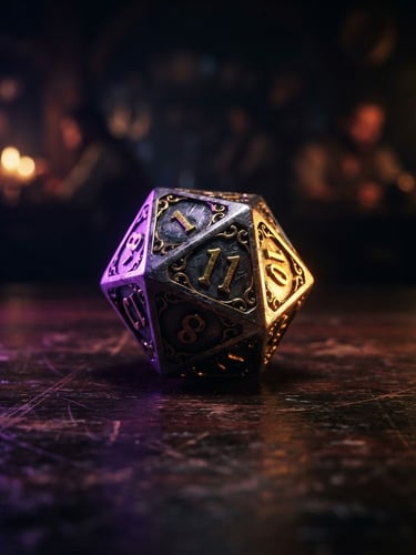 Macro close-up of heavy metal d20 dice being rolled on a dark mahogany tavern table, dramatic neon purple and gold rim lighting, shallow depth of field, moody low-key photography.