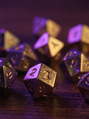 A close-up macro shot of heavy metal d20 dice rolling across a dark wooden gaming table, dramatic neon purple and gold rim lighting, shallow depth of field