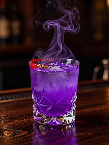 A vibrant, smoking cocktail in a crystal glass on a dark wood bar, glowing violet and crimson rim lights, moody low-key photography, shallow depth of field.