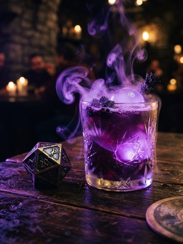 Macro shot of a glowing violet, smoking cocktail next to heavy metal d20 dice on a dark mahogany tavern table, neon rim lighting, shallow depth of field.