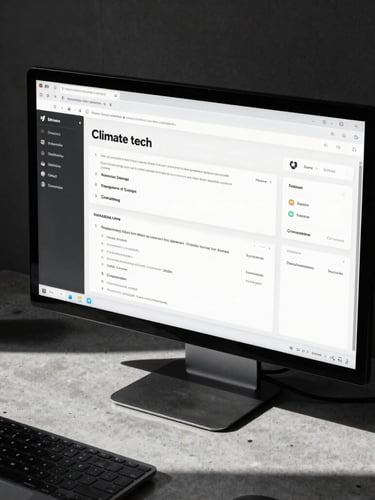 Stark editorial photography of a high-resolution screen displaying clean climate-tech interface wireframes, harsh direct sunlight casting sharp shadows across a concrete desk, 35mm.