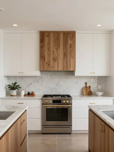 Symmetrical straight-on architectural shot of a modern ADU kitchen, immaculate marble countertops, custom white oak cabinetry, warm brass fixtures, bright Southern California daylight.