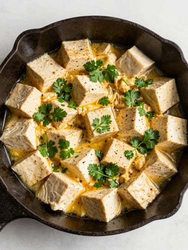 Top-down view of spiced tofu scramble in a cast iron skillet, fresh coriander garnish, warm morning daylight, 50mm lens