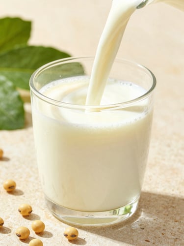 A crisp eye-level shot of fresh creamy soy milk pouring into a glass, surrounded by raw soybeans on a warm stone surface, natural morning daylight, soft shadows