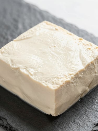 Close-up of a fresh, firm block of tofu resting on a dark textured stone plate, natural morning daylight, soft shadows, minimalist editorial food photography