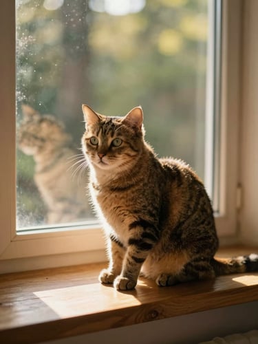 A serene domestic cat sitting on a sunlit wooden windowsill, warm golden-hour light filtering through, soft indoor home environment, shallow depth of field.