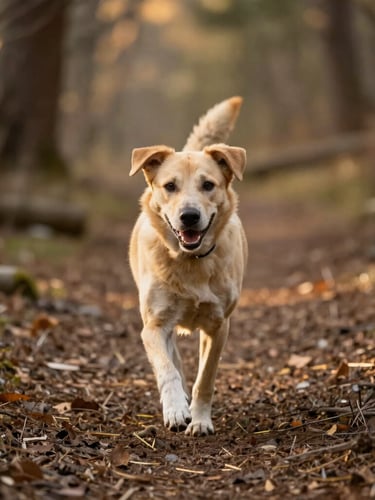 Eye-level photo of an active dog happily trotting on a forest trail, soft natural golden-hour daylight, shallow depth of field, warm earthy tones.