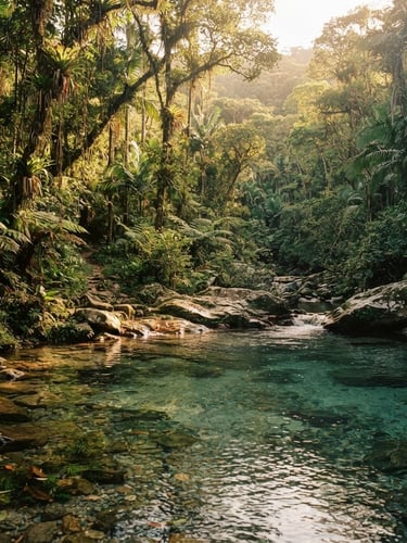 Dappled sunlight filtering through dense green canopy of the Brazilian Atlantic forest, a crystal-clear river pool in the foreground, 35mm film aesthetic, warm editorial travel photography.