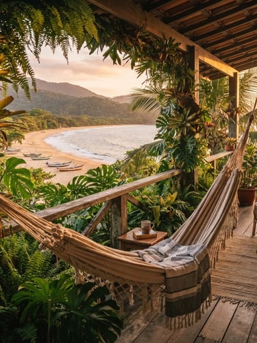 Warm golden-hour editorial travel photography of a cozy pousada balcony with a hammock, lush green tropical plants framing the view of Praia de Muriqui beach and the calm ocean, 35mm film aesthetic.