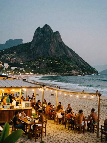 Wide-angle warm editorial photography of a beachside kiosk in Brazil at twilight, string lights glowing, people laughing around wooden tables, dark ocean in the background, 35mm film aesthetic.
