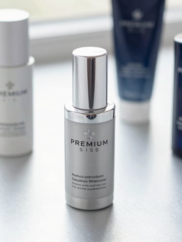 Premium Swiss skincare bottles on a clean silver surface, soft natural light, professional editorial composition