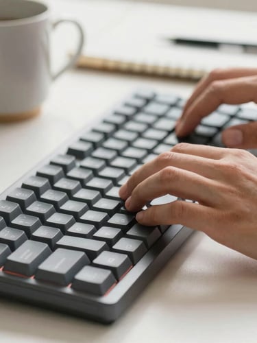 Close-up of professional hands typing on a sleek mechanical keyboard, organized modern desk setup with a ceramic mug and notebook, warm natural daylight, shallow depth of field