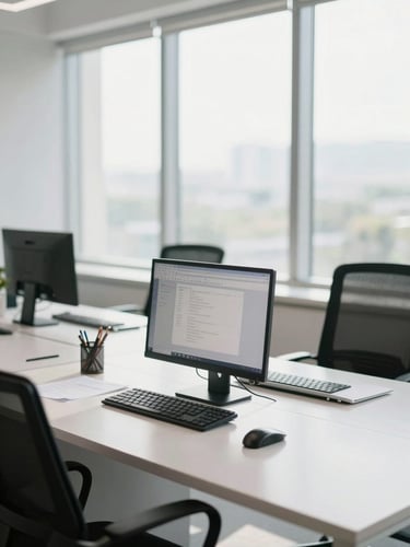 Bright modern workspace in Karachi, clean desk setup, soft natural daylight streaming through large windows, cool tones, shallow depth of field, 35mm photography.