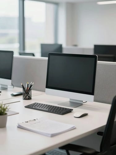 A bright corporate modern workspace with a clean desk setup, soft natural daylight, cool tones, 35mm
