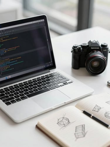 A clean, modern desk setup with a laptop displaying code, a high-end camera, and a notebook with wireframe sketches, bright natural daylight, cool tones, 35mm