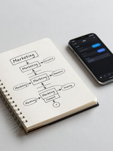 Minimalist workspace with a notebook showing hand-drawn flowcharts of marketing funnels, adjacent to a smartphone with active notifications, clean studio lighting.