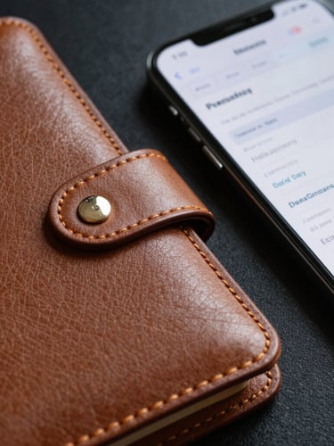 Macro shot of a high-quality leather physical planner next to a modern smartphone showing clean conversion analytics, dramatic side-lighting, rich textures.