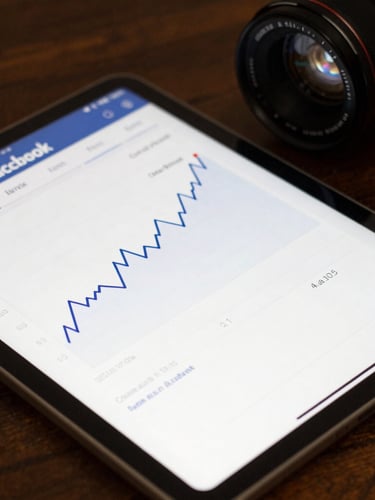 Tight macro shot of a tablet displaying live Facebook Ads analytics with positive trend lines, natural side-lighting, dark wood desk background.