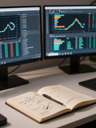 Tight macro shot of a clean desk with dual monitors displaying live analytics and a physical notebook with strategic diagrams, high-contrast natural side-lighting.