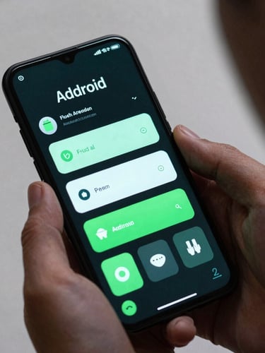 Sleek dark-mode technology photography, over-the-shoulder view of a developer testing a fluid UI transition on an Android device, neon green ambient screen glow, 35mm